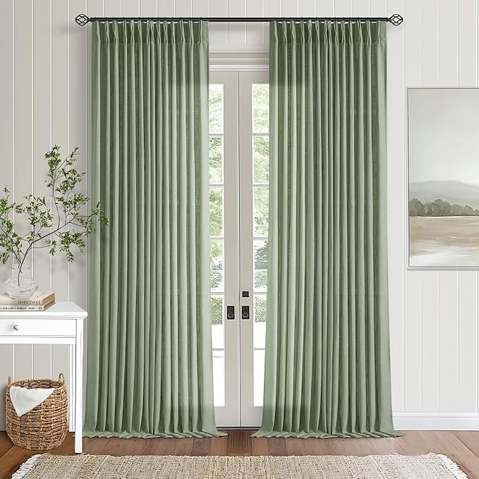 Green Linen Semi Sheer Curtains 90 Inches Long for Living Room Bedroom Light Filtering Sage Green Textured Burlap Pinch Pleated Curtains 90 Length Hooks Rings Back Tab for Sliding Door 2 Panels
