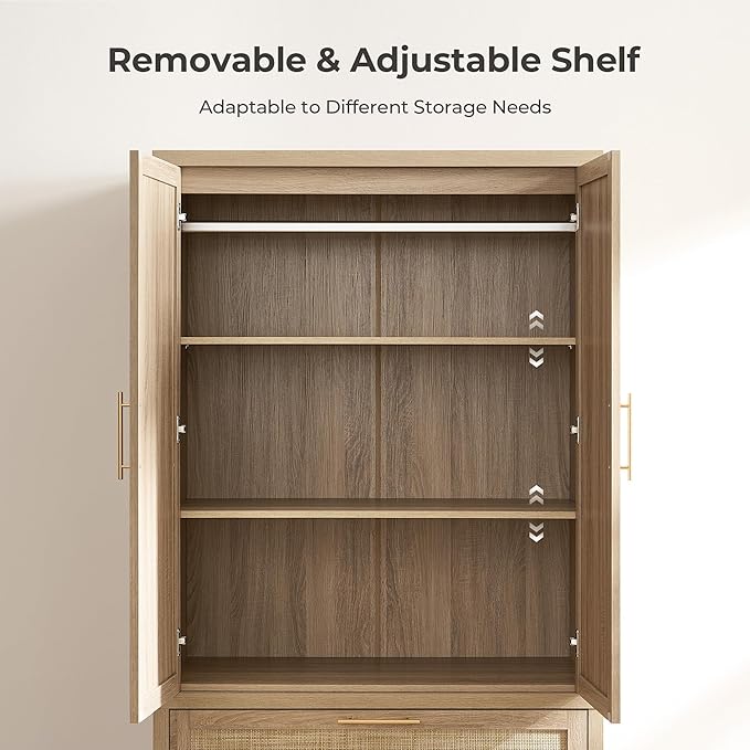SICOTAS Rattan Armoire Wardrobe Closet Cabinet, 71" Wardrobe Storage Cabinet with 2 Drawers, and Hanging Rod, Boho Large-Capacity Deep Armoire Clothes Organizer for Bedroom, Cloak Room, Light Oak