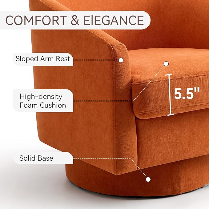 Swivel Barrel Accent Chair, Round Chenille Fabric Living Room Arm Chairs, Modern Upholstered Comfty Reading Nook Chairs for Bedroom, Small Club Armchair, Single Sofa Side Chair, Orange