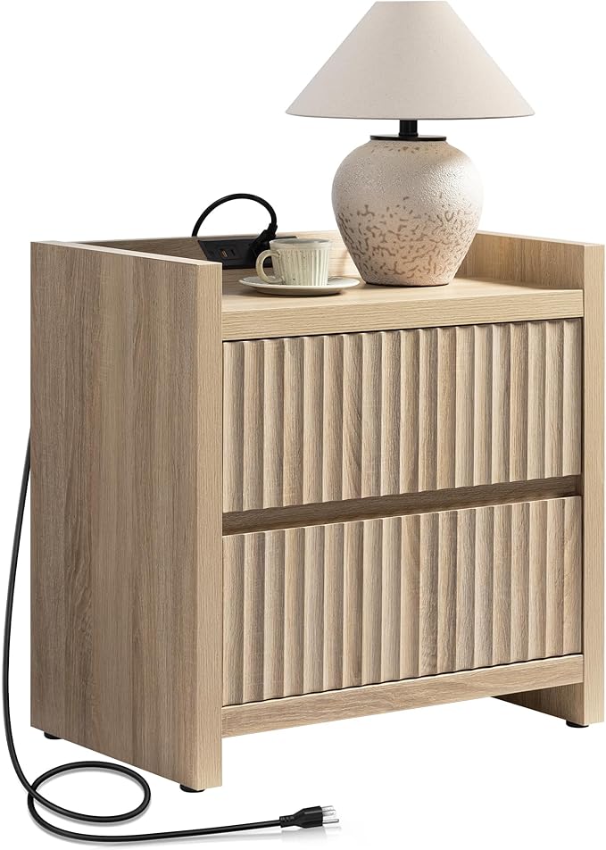 SICOTAS Night Stand Fluted Nightstands with Charging Station- Modern 2 Drawers Nightstand 25" Tall Bedside Table End Table, Large Night Stands for Bedroom, Living Room Sofa Side (Light Oak, 1 Piece)