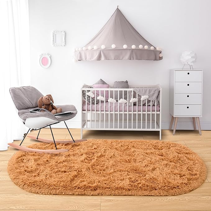 Noahas Fluffy Khaki Rugs for Bedroom Living Room,2.6'X5.3' Oval Throw Rug for Kids Room,Shag Hallway Runner Rug,Small Soft Shaggy Bedside Non-Slip Plush Nursery Dorm Carpet Home Decor Aesthetic