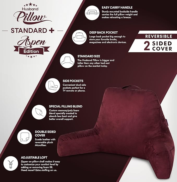 Husband Pillow Aspen Arizona Maroon, Reading Pillow Bed Rest Chair, Two-Sided Reversible Fabric, Large Lounge Cushion Adult Backrest with Arms, Comfy Back Support for Sit Sitting Up, Wash/Remove Cover