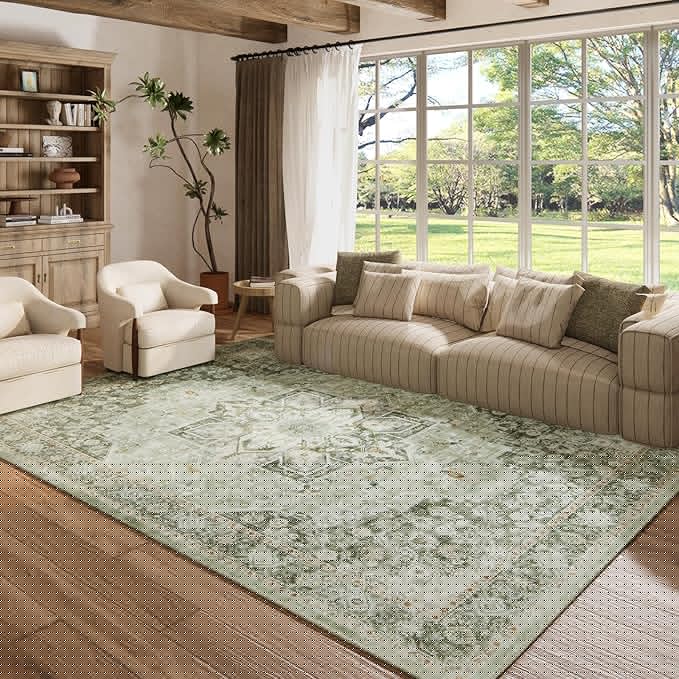 6×9 Machine Washable Rug for Living Room, Boho Vintage 6×9 Area Rug，Distressed Accent Low Pile Ultra Soft Large Carpet for Bedroom Bathroom Dining Room, Floral/Green