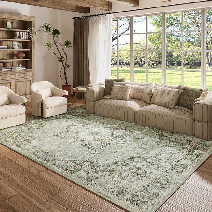 8×10 Machine Washable Rug for Living Room, Boho Vintage 8×10 Area Rug，Distressed Accent Low Pile Ultra Soft Large Carpet for Bedroom Bathroom Dining Room, Floral/Green