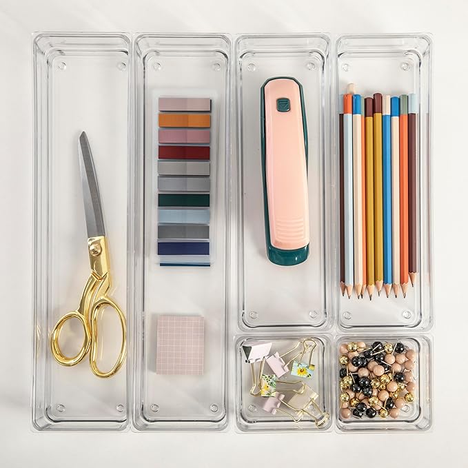 Martha Stewart Miles Plastic Stackable Office Desk Drawer Organizers, Set of 6, Clear