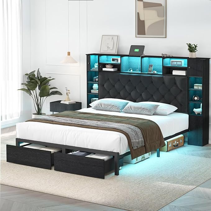 Full Size Bed Frame with Bookcase Headboard and Storage Drawers, 51.2" Metal Platform Full Bed Frame with Charging Station and LED Lights, Velvet Upholstered Tufted Bed Frames, Black