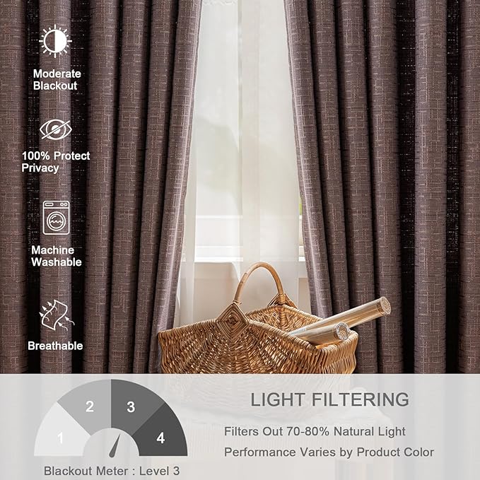 Jacquard Linen Curtains 84 inch Length 2 Panels Thick Faux Linen Blended Window Drapes Burlap Textured Curtains with Grommet for Living Room Bedroom Farmhouse (52x84 Fashion Purple) Natural