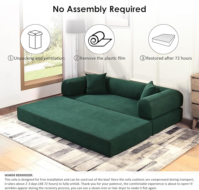 80" Convertible Sofa Bed, Corduroy Deep Seat Folding Pull Out Couch with Pillows, No Assembly Modern Boneless Couch Compression Sofa in Box, Floor Sofa with Storage Pocket for Living Room,Dark Green