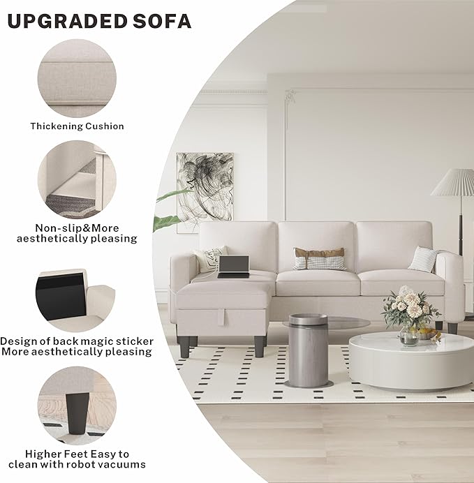ZeeFu Sectional and Sofa Couches for Living Room - 78'' 3 Seater L-Shaped Modular Couch with Storage Ottoman - Modern Velevt Fabric Upholstered Sofa Set for Small Space Apartment Office