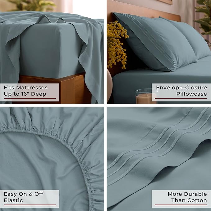 Mellanni Full Sheet Set - 6-Piece Iconic Collection Bedding, (Including 4 Pillowcases), 16-Inch Deep Pocket, Easy Care, Extra Soft, Cooling Sheets, Brushed Microfiber - Spa Blue
