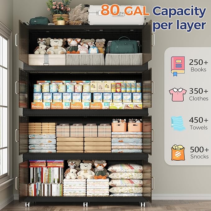 320GAL Extra Large Storage Bins with Lid, 1280QT Collapsible Organizer with Wheels, Stackable Closet Cabinet with Doors, Folding Storage Containers for Home, Office, Kitchen, 4Pack Black