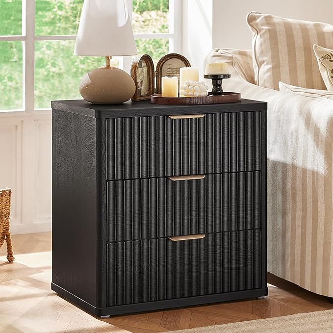 LEYAOYAO Fluted Dresser and Nightstand Sets, Wood 48" Wide Dresser & 23" Night Stand with Charging Station, 2 Piece Bedroom Furniture Set, Chest of Drawers for Bedroom, Home, Living Room, Black