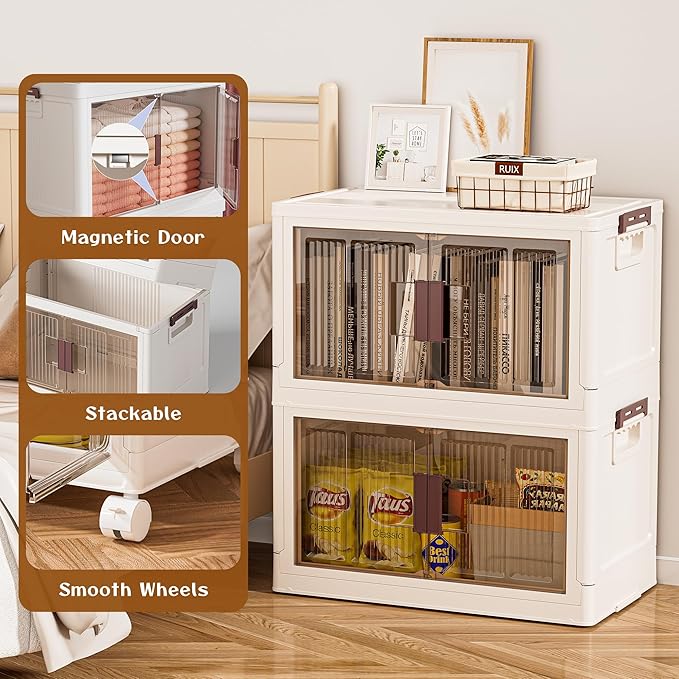 60GAL/240QT 4 tier large stackable storage bins with lid and wheels, collapsible storage bins plastic with doors，suit for clothes, closet, home and office