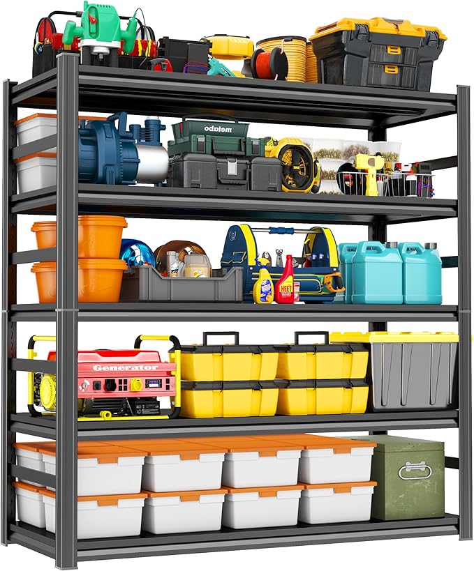 78'' Garage Storage Shelves, Metal 5Tier Shelving Unit, Adjustable, Double-Layer Column with Reinforced Ribs, Heavy-Duty, Capable of Bearing 3000 lbs, Suitable for Plant, Warehouse, Kitchen Storage