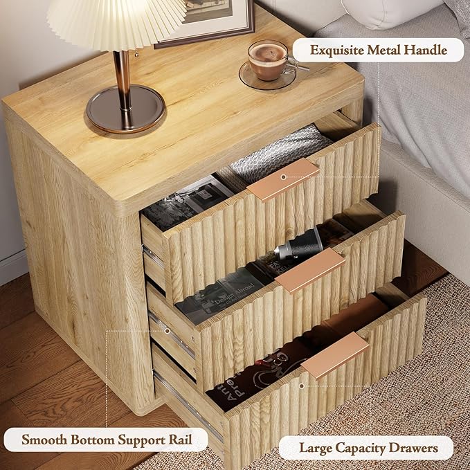 Night Stand with 3 Drawers, 23" Wide Modern Nightstand with Large Storage, Fluted Bed Side Table with Metal Handle, End Table Tall Nightstand for Bedroom, Living Room, Office, Nature