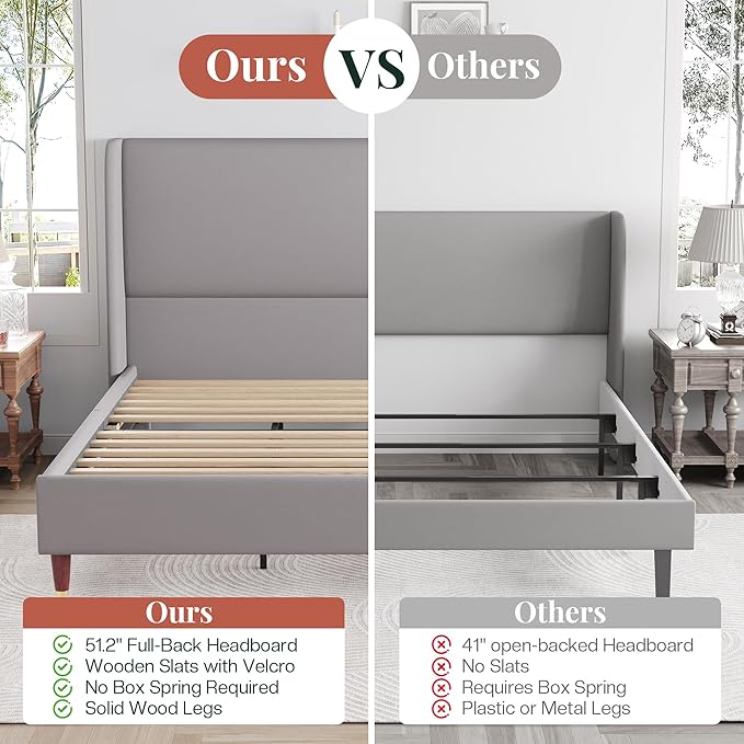 Jocisland King Upholstered Platform Bed Frame with 51.2" Tall Wingback Headboard–Solid Wood Legs, No Box Spring Needed, Light Grey Linen–Modern Style for Any Bedroom