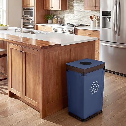 StorageWorks Recycling Bin with Lid, 29Gal Large Recycling Bin for Kitchen, Indoor Recycling Bins with 2 Reusable Washable Bags for Bottles and Cans, Steel Frame Fabric Sorter, 110L, Blue