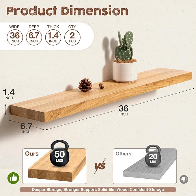 fuqing Floating Shelves for Wall, 36 inch Rustic Solid Elm Wood Floating Shelves, Wooden Wall Shelves with Invisible Heavy Duty Brackets for Living Room, Bedroom, Kitchen, Bathroom, 2 Pack, Natural