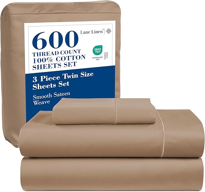 LANE LINEN 600 Thread Count 100% Mercerized Cotton Twin Sheets Set - Soft & Comfy Bed Sheets Set, Mercerized Cotton Sheets Set Twin Size, 15" Deep Pocket Twin Bedding Sheets & Pillowcases Set - Taupe