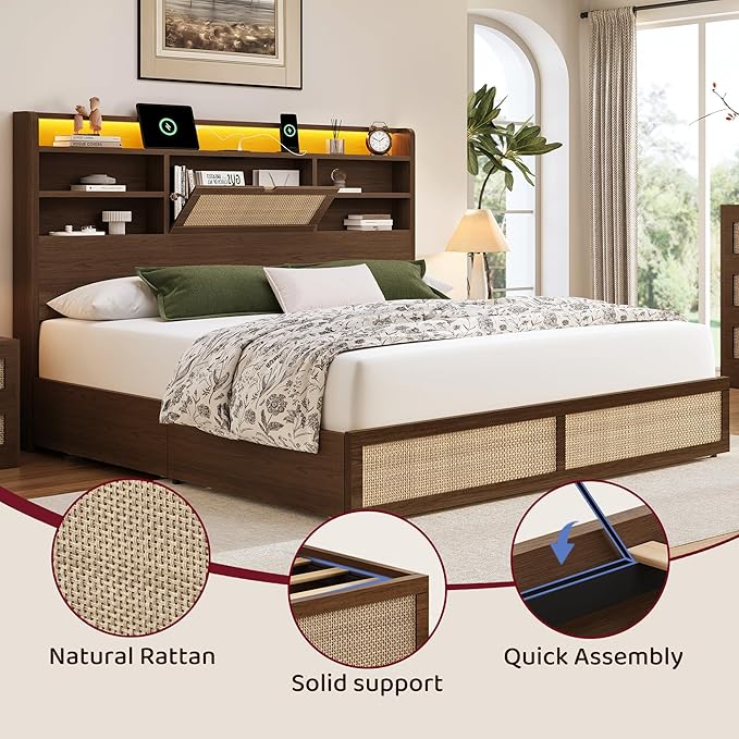 King Size Rattan Bed Frame with 4 Storage Drawers and Hidden Storage Headboard Wooden Platform Bed Frame with LED Lights and Charging Station, No Box Spring Needed, Easy Assembly, Brown