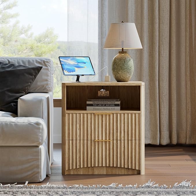 Evermagin Fluted Nightstand with Charging Station, Natural Oak Bedside Table with 2 Drawers, Wood End Table with Storage Mid Century Modern, Large Night Stand for Bedroom