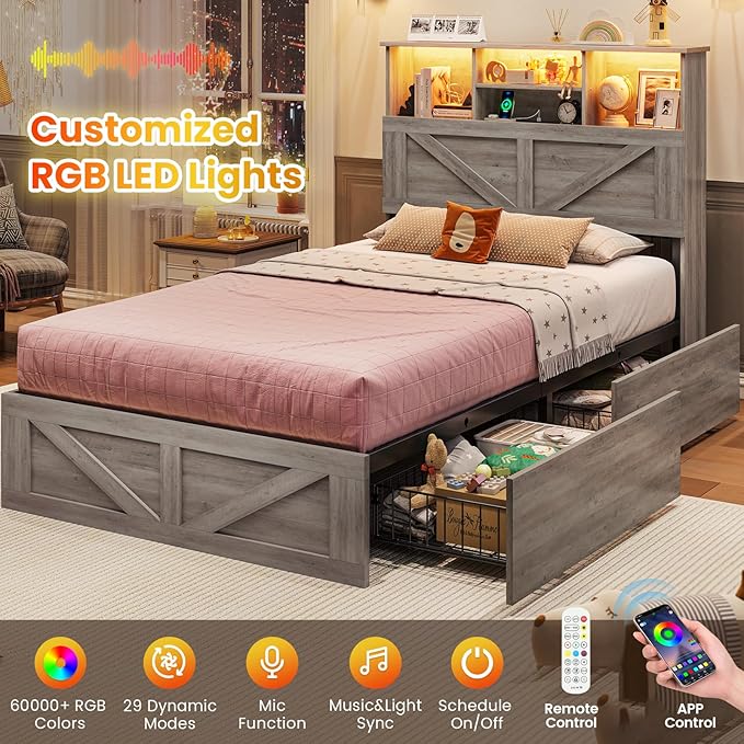 VIAGDO Farmhouse Bed Frame Twin Size with Bookcase Storage Headboard, Charging Station and LED Lights, Wooden Twin Bed Frames with 4 Drawers, Barn Door Design, No Box Spring Needed, No Noise, Grey