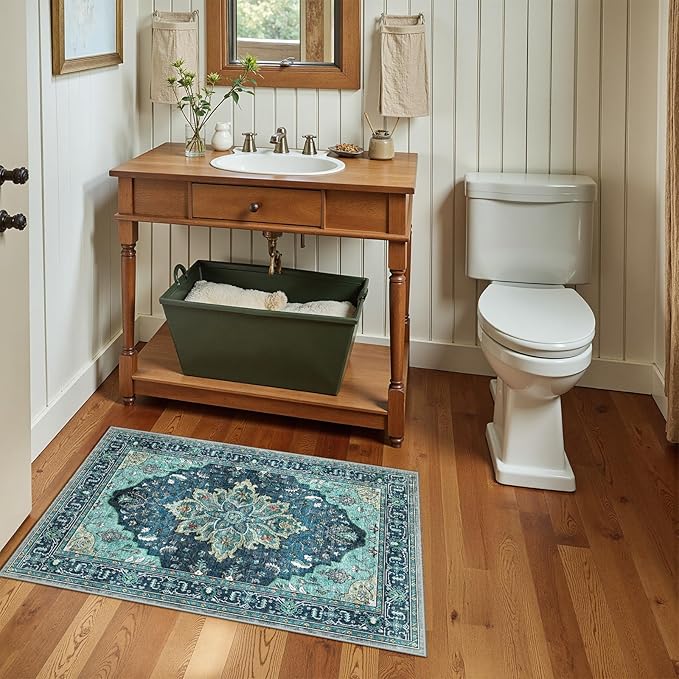 Area Rugs 2'x3' Washable Non-Slip, Floral Vintage Distress Print Pattern Medallion Carpet for Living Room Bedroom Dining Room, Teal Green Lake Blue Turquoise
