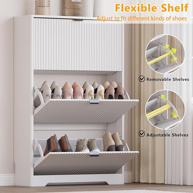 Entryway Shoe Cabinet with 3 Flip Drawers, Narrow Shoe Organizer Cabinet with Fluted Panel and Adjustable Shelves for Foyer, Hallway