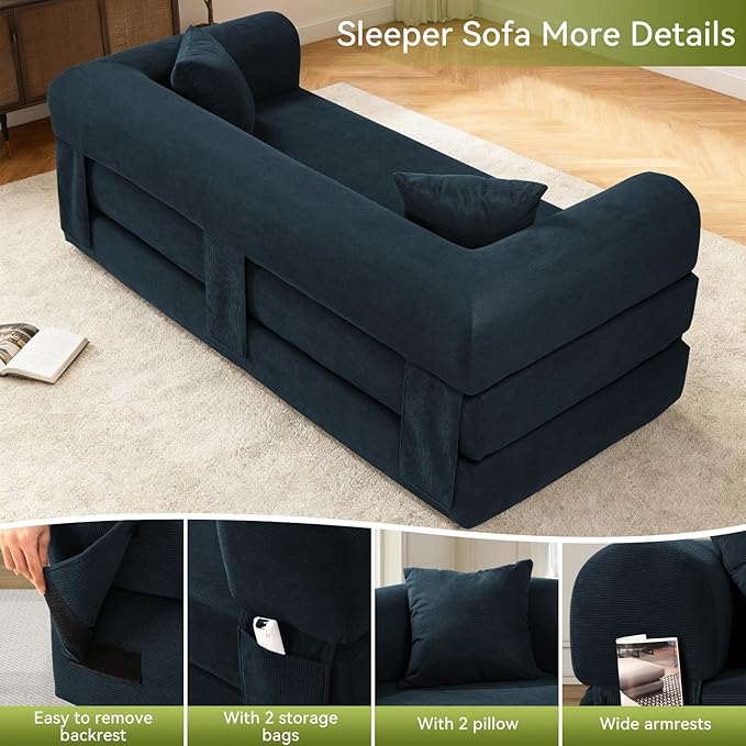 Convertible Sleeper Sofa Bed,80" Folding Sofa Bed Queen with Storage,Corduroy Pull Out Couch with Bed,Boneless Couches for Living Room,Compressed Couch in a Box,Navy Blue