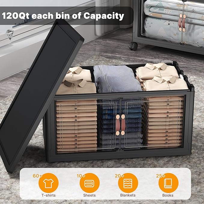 Extra Large Stackable Storage Bins with Lids & Wheels & Door, 560QT-112QT/28GAL*5Pack Foldable Collapsible Closet Organizers, Plastic containers drawers for bedroom Dorm