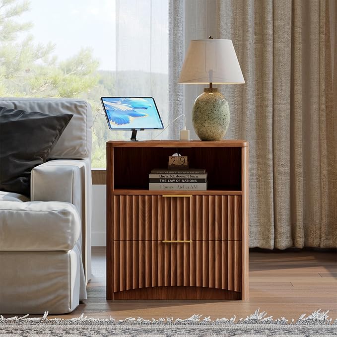 Evermagin Fluted Nightstand with Charging Station, Walnut Bedside Table with 2 Drawers, Wood End Table with Storage Mid Century Modern, Large Night Stand for Bedroom