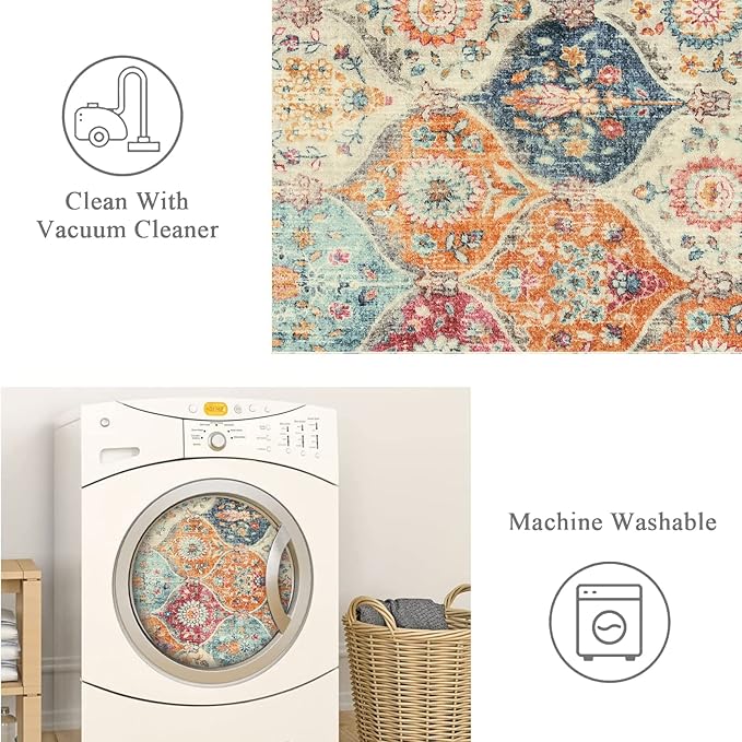 Lahome Moroccan Trellis Washable Small Area Rug, 3x5 Area Rug for Bedroom Living Room, Non-Slip Oriental Accent Throw Carpet for Kitchen Office Entryway Bathroom Office, Cream/Multi