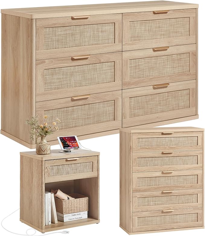 LEYAOYAO Rattan Dresser and Nightstand Set of 3, Boho Wood Dresser for Bedroom with 6 Drawers and Night Stand with Charging Station, Bedroom Furniture, Dressers & Chests of Drawers,Hallway,Living Room