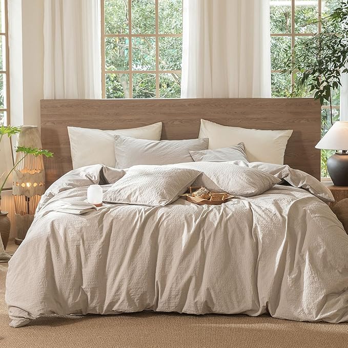 MooMee Wavy Striped Duvet Cover Set 100% Washed Cotton Linen Like Textured Breathable Durable Soft Comfy (Beige, Palatial King/Oversized King 120"x98")