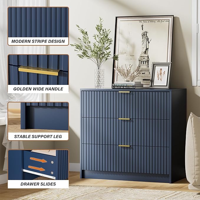 Navy Blue Dresser for Bedroom, Modern Dresser with 3 Drawers and Smooth Slides, Wide Chest of Drawers with Golden Handles for Bedroom, Living Room, Closet, 15.7" D x 31.5" W x 29.6" H