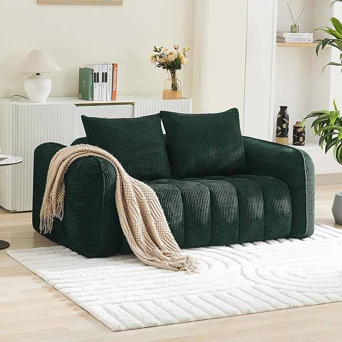 66'' Boneless Corduroy Loveseat Sofa, 2 Seater Tufted Deep Seat Couch with Rounded Armrest, Upholstered Cloud Couch for Living Room, Bedroom, No Assembly, Green