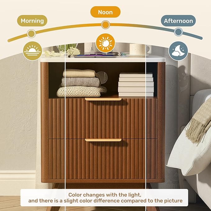 Modern Nightstand Set of 2, Side Table with Charging Station,Bedside Tables with Drawer, Mid-Century End Tables for Bedroom, Sturdy Storage Side Tables,Walnut