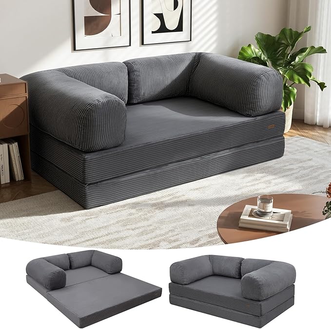 COMAX Futon Sofa Bed, 4-in-1 Floor Foldable Sofa Couch Queen with L-Shaped Armrests, Convertible Folding Chair Bed Sleeper Mattress Fold Out Comfy Lounge for Living Room Bedroom, Grey