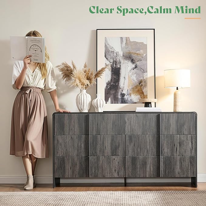 AMERLIFE 63" Fluted 6 Drawer Dresser, Long Modern Chest of Storage Drawers with Pine Handles, Rounded Corners & Anti-Tip Design, Wood Closet Organizer for Bedroom, Living Room, Nursery, Black
