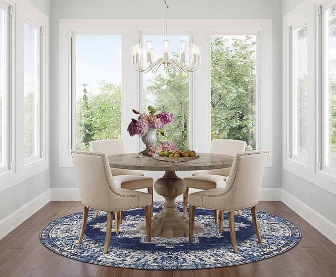 vivorug Round Rug 5ft Vintage Round Area Rug Non-Slip Indoor Carpet for Living Room Bedroom Entryway, Stain Resistant Home Decor Circle Rug, Navy Blue