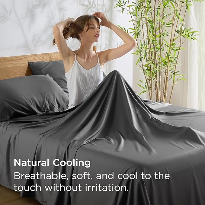 Bedsure King Size Sheets Set, Cooling Sheets for Hot Sleepers, Rayon Derived from Bamboo, Breathable & Soft, Deep Pocket Up to 16 Inches, Hotel Luxury Silky Bedding, Grey