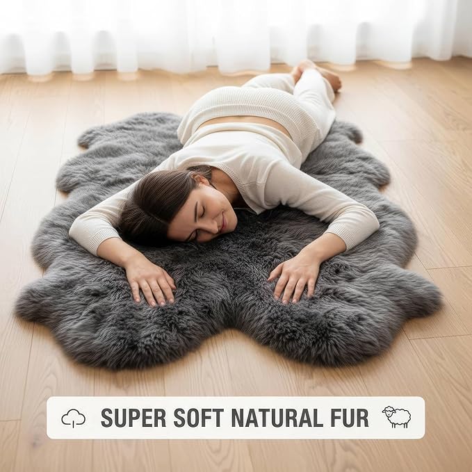 Premium Gray Sheepskin Rug Genuine Quad 4x6ft Pelt Fluffy Fur Rug for Living Room
