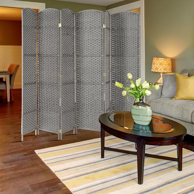 VINGLI 6-Panels Tall Rattan Room Divider, 6 FT Folding Privacy Screen, Indoor Partition Wall Dividers, Freestanding Hinged Space Separator (Grey)