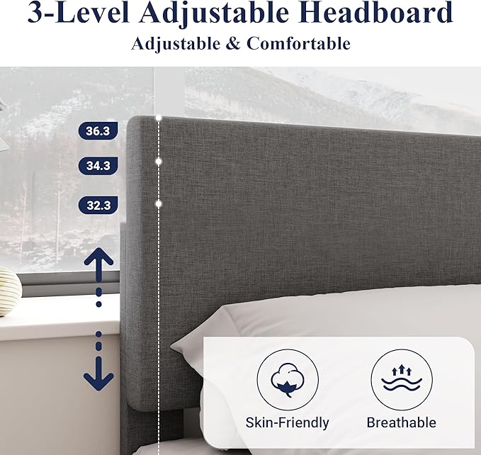 Allewie Full Size Bed Frame with Adjustable Headboard, Upholstered Platform Bed with Wood Slats, Heavy Duty Mattress Foundation, No Box Spring Needed, Noise-Free, Easy Assembly, Dark Grey