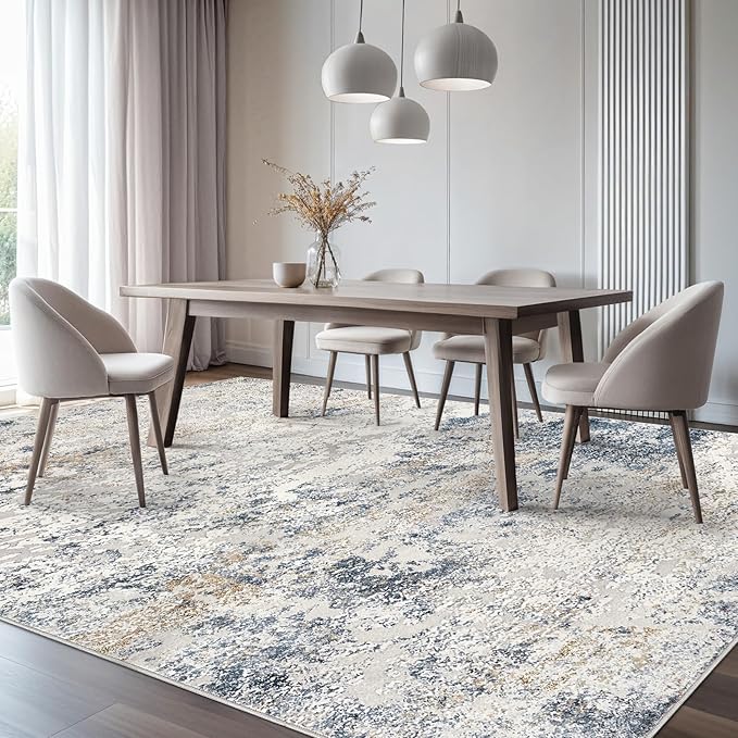 Area Rug Living Room Rugs - 10x14 Abstract Large Soft Indoor Washable Rug Neutral Modern Low Pile Carpet for Bedroom Dining Room Farmhouse Home Office - Beige Blue