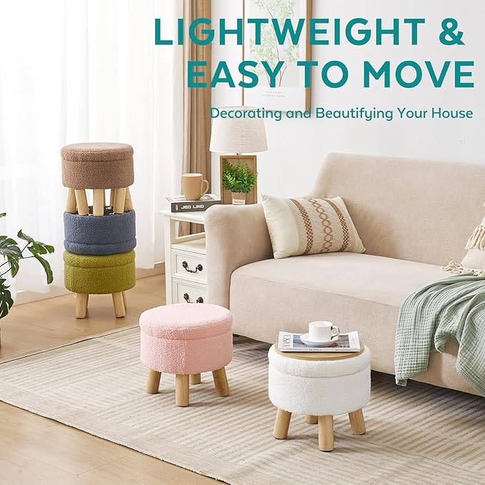 FIMIVIBI Small Foot Stool Ottoman with Storage, Sherpa Ottoman Foot Rest for Couch, Round Footstool with Storage, Small Ottomans and Footstools for Living Room and Entryway (Black)