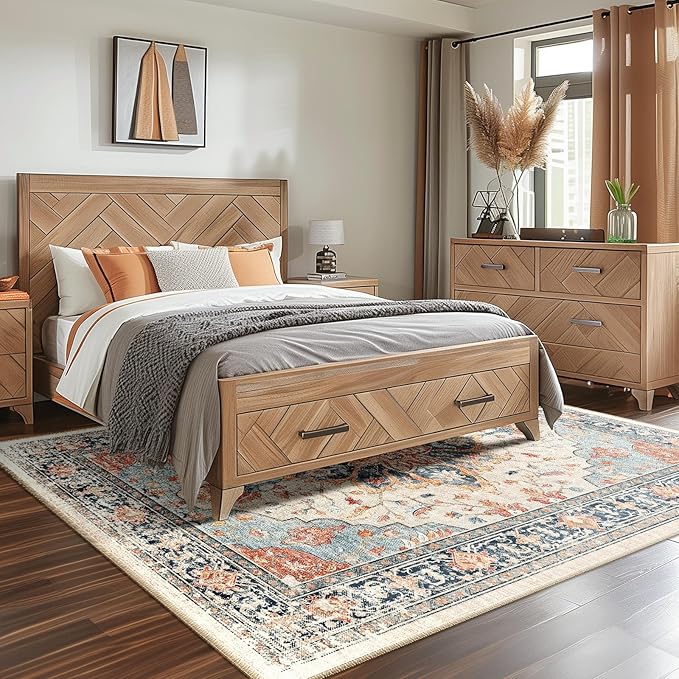 Area Rugs Square 6ft Washable Non-Slip, Floral Vintage Distress Print Pattern Medallion Carpet for Living Room Bedroom Dining Room, Beige Navy Blue Orange Colorful