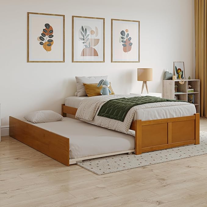 AFI Concord Twin Solid Wood Platform Bed with Footboard & Twin Trundle in Light Toffee