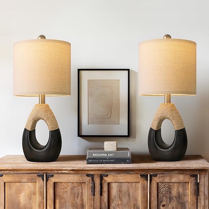 OYEARS 19" Table Lamps Set of 2, Bedside Lamps for Bedroom, Boho Lamps for Living Room, Rustic Lamps for Office, Vintage Design Nightstand Lighting (Bulb Not Included, Black)