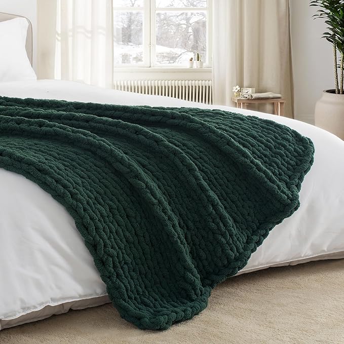 Chunky Knit Throw Blanket 50"X 60", 100% Handmade with Soft Chenille Yarn, 4.4lbs Thick Cable Knitted Blankets, Large Rope Knot Crochet Throws for Couch Sofa Bed Home Decor, Dark Green